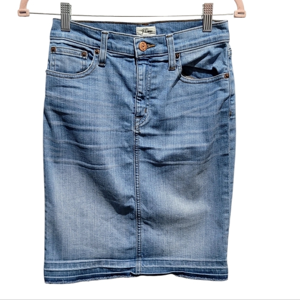 J.Crew Frayed Hem Denim Pencil Skirt Blue Stretch Jean Skirt Size XS / 0 - Picture 2 of 8